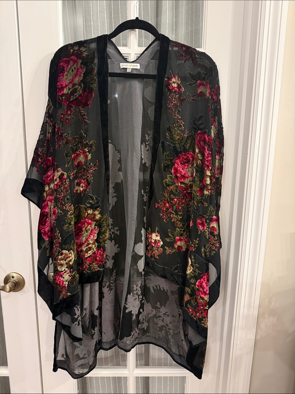 Woven Heart Velvet Burnout Floral Kimono Duster - Red Black Rose Whimsigoth Wrap